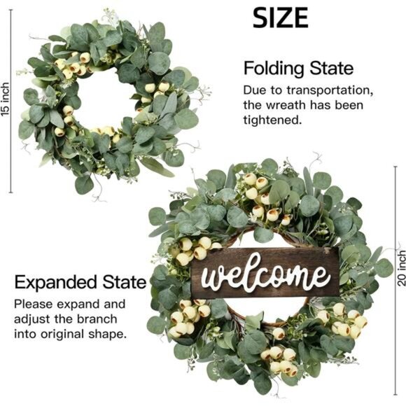 Green Artificial Eucalyptus Wreath with Welcome Sign 20in Spring Summer Wreath - Picture 5 of 7